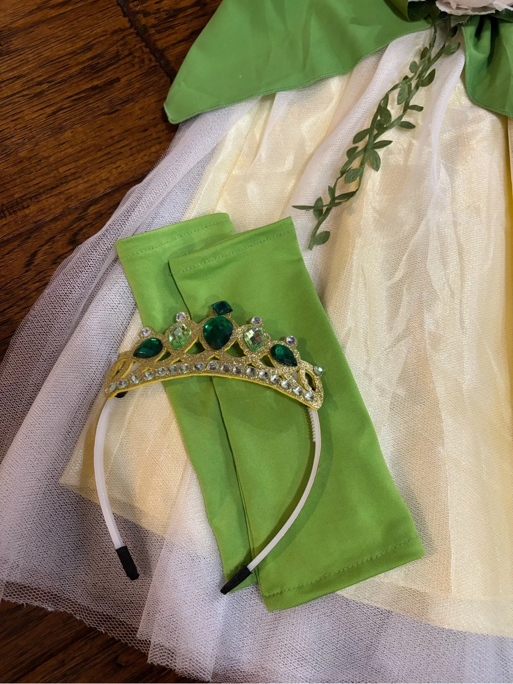 Princess Tiana Green & Cream Dress with Arm Warmers and Tiara